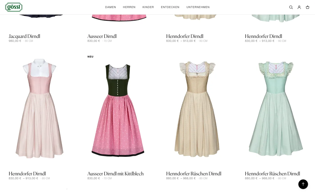 goessl.com — the Damen Dirndl collection, one tile per colour