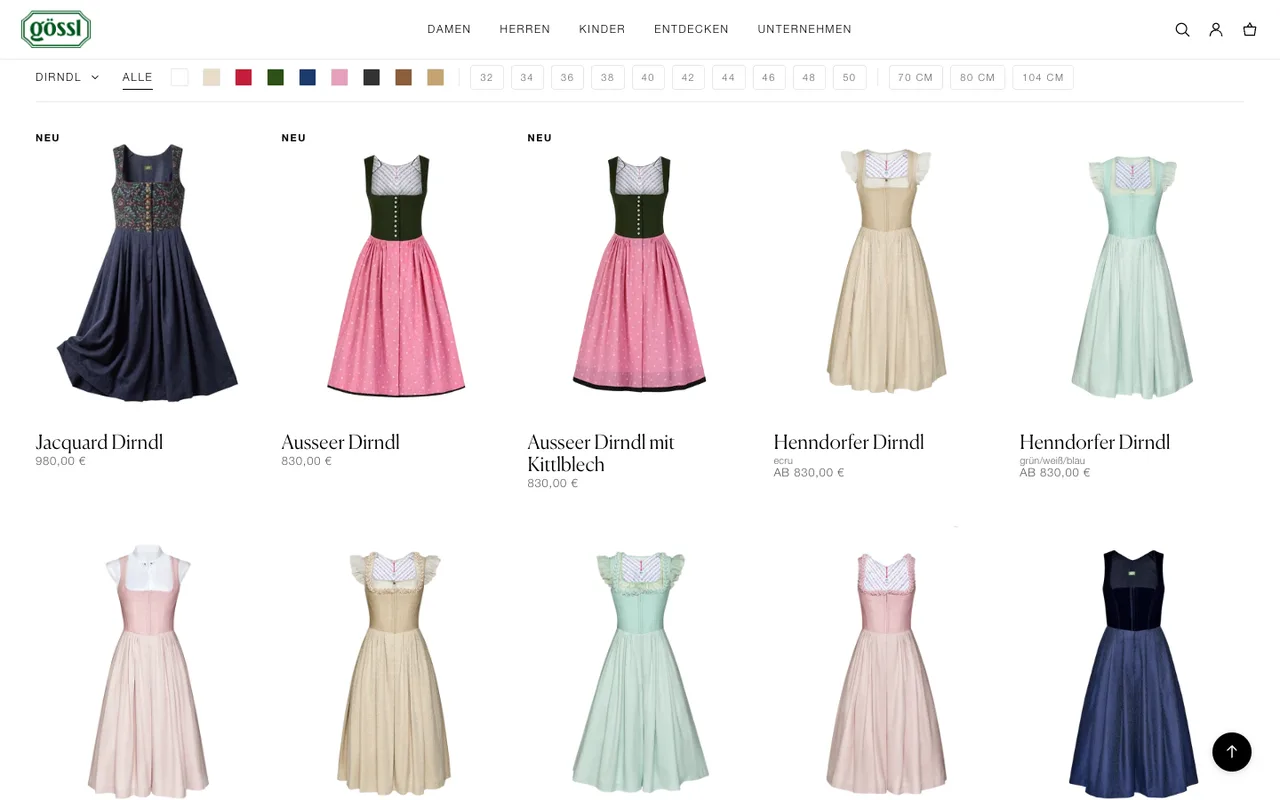 Outfit configurator: one card per colour, filters for size and length