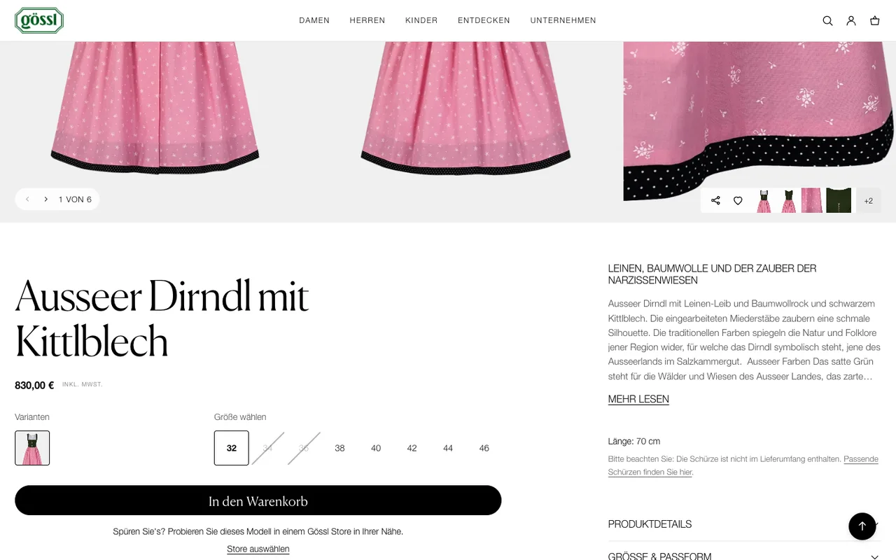 goessl.com product page — Ausseer Dirndl with the size row and the Gössl store prompt
